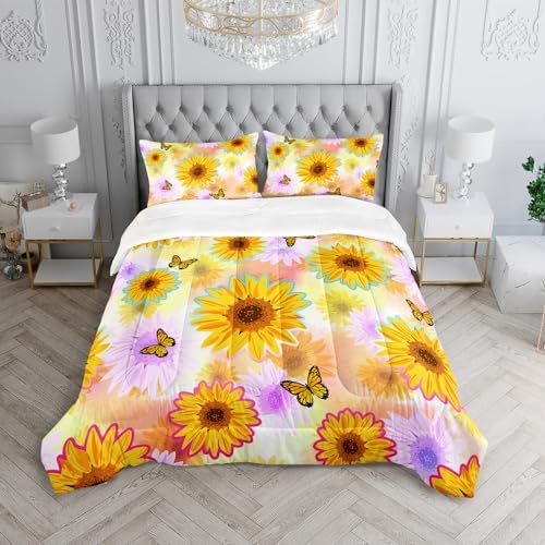 XYNHML Sunflower Butterfly Comforter Set Full Size Yellow Tie Dye