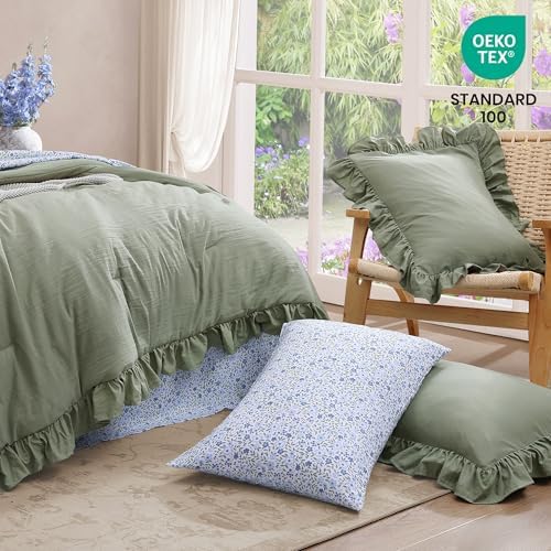 BLOOMHAVEN Queen Comforter Set 7-Piece Ruffle Sage Green