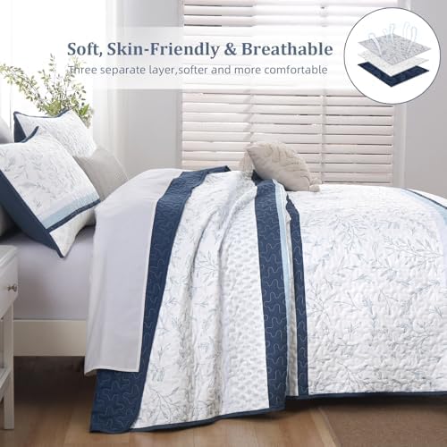 DJY Striped Quilt Set Queen Size Navy Blue