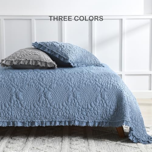 HORIMOTE HOME Blue Ruffled Quilt Set Queen Size 3 Piece