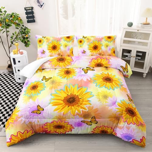 XYNHML Sunflower Butterfly Comforter Set Full Size Yellow Tie Dye
