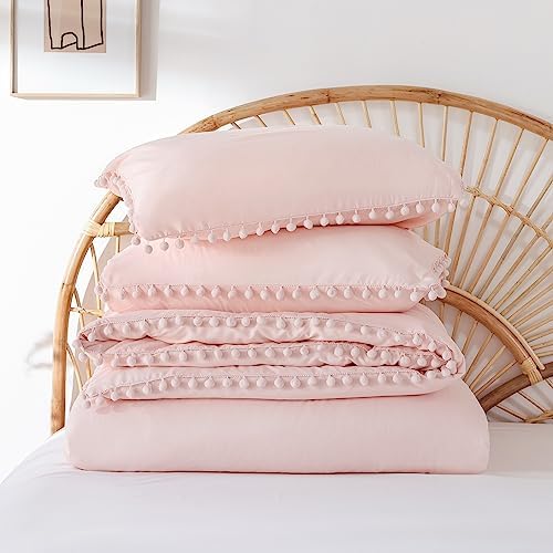 YIRDDEO Queen Comforter Set - 3 Piece with Pom Fringe Blush
