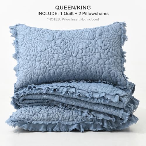HORIMOTE HOME Blue Ruffled Quilt Set Queen Size 3 Piece