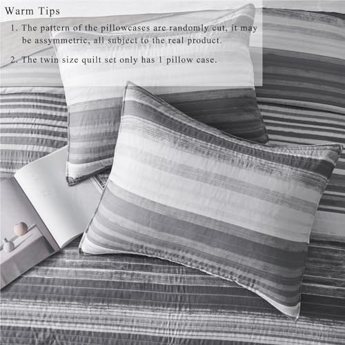 KAKIJUMN Quilt Set Full Queen White Grey Striped Bedding Coverlet with Pillow Shams