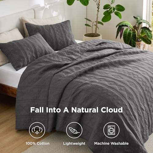 Bedsure Cotton Quilt Bedding Set - Grey 3-Piece with Pillow Shams