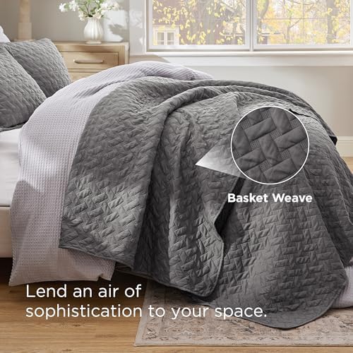 Bedsure King Size Bedspread - Grey Basket Weave Pattern Soft and Lightweight