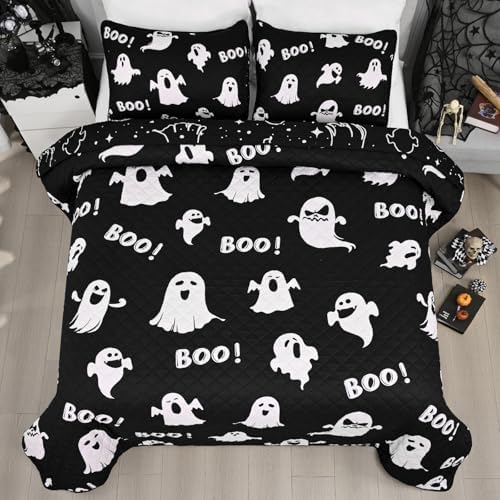 ASPMIZ Halloween Queen Quilt Set 90x90 Reversible Black Ghost Comforter