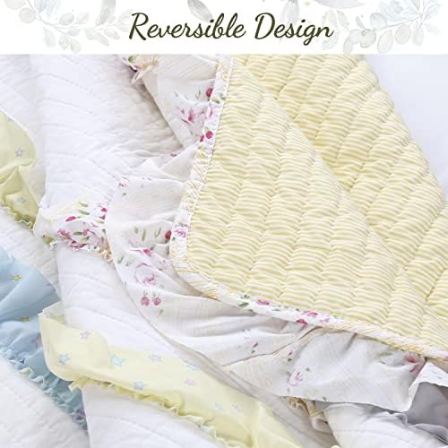 Cozy Line Light Yellow Blue Ruffle Stripe Quilt Bedding Set Queen 3 Piece