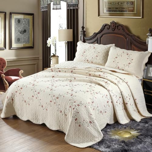 Vctops 3-Piece Floral Embroidered Quilt Set