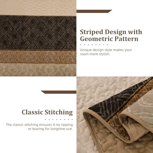 Boho Queen Quilt Set with 2 Pillow Shams Light Brown Microfiber Bedding Set
