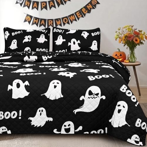 ASPMIZ Halloween Queen Quilt Set 90x90 Reversible Black Ghost Comforter