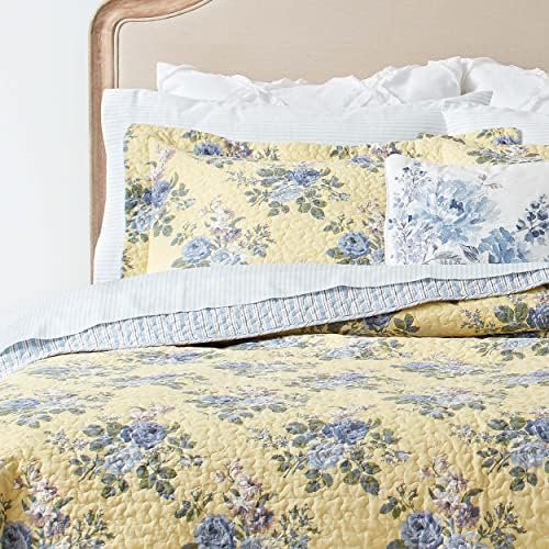 Laura Ashley King Quilt Set - Linley Yellow 3 Piece Reversible Cotton