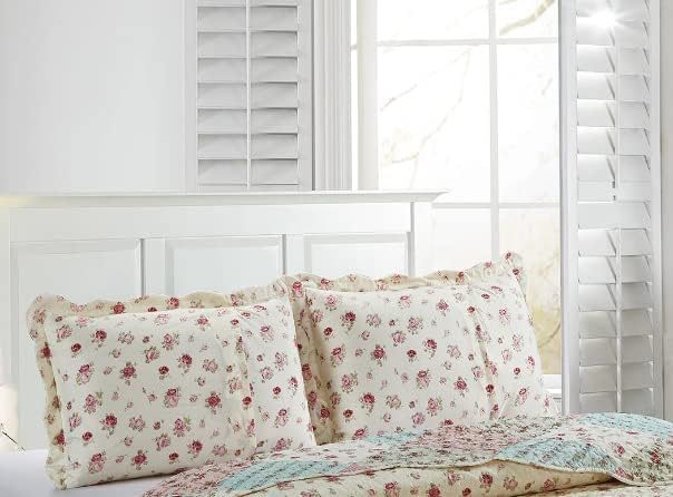 Brilliant Sunshine Pink Green Rose Patchwork Pillowshams Set