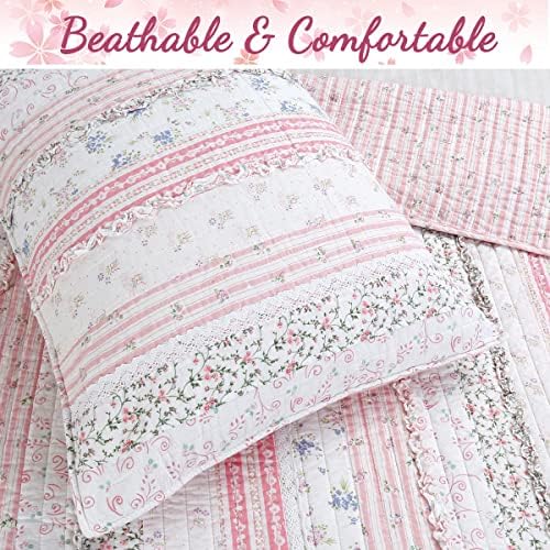 Cozy Line Pink Flower Lace Ruffle Stripe Quilt Bedding Set