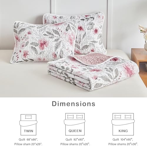 Flysheep Botanical Quilt Set 3 Piece Blush Pink Grey Flowers