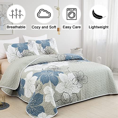 DJY 3 Piece King Quilt Set with Blue Floral Pattern