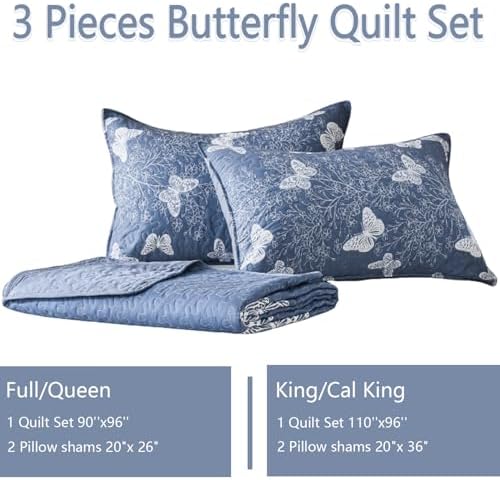 Yogeneg Full Queen Quilt Set with White Butterfly Pattern