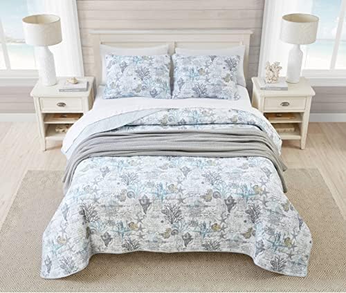 Tommy Bahama Queen Quilt Set Reversible Cotton Bedding with Shams Beach Bliss Grey