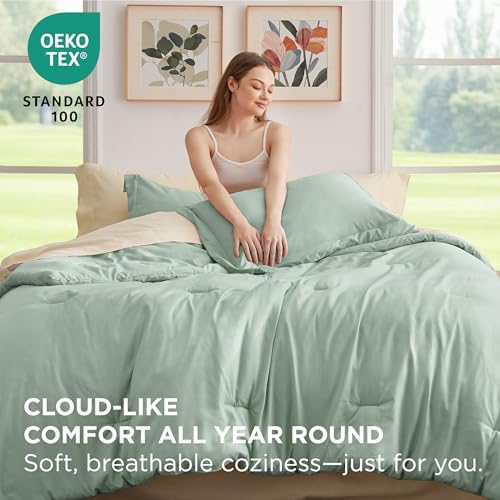Bedsure Queen Comforter Set - 7 Piece Sage Green Bedding with Contrasting Design