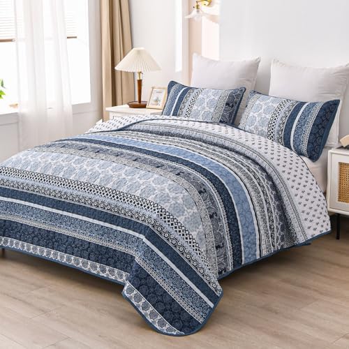 WONGS BEDDING Navy Blue Boho Queen Quilt Set 3pcs