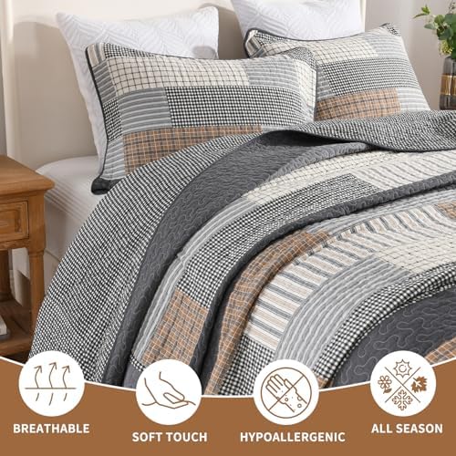 Soforpring 100 Cotton Cal King Bedspread Set - 120x120 Gray Farmhouse Plaid 3pcs