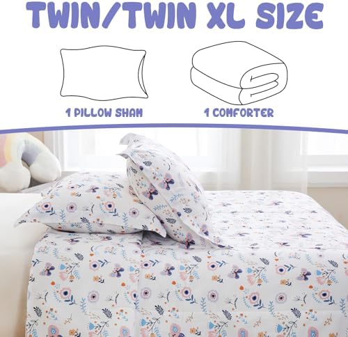 Yibeizi Butterfly Floral Comforter Set for Girls Twin