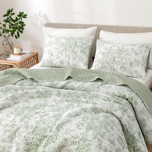 Wonderful Sage Green Floral Reversible Quilt Set Queen Size