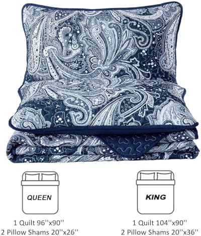 DJY Navy Paisley Quilt Set 3 Pieces King Size