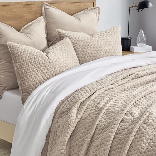EVERGRACE Velvet Quilt Set King Size 3 Piece Light Taupe