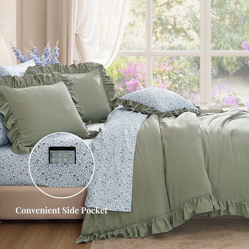 BLOOMHAVEN Queen Comforter Set 7-Piece Ruffle Sage Green