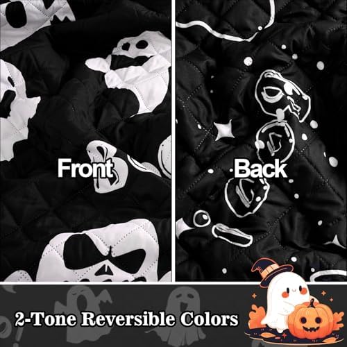 ASPMIZ Halloween Queen Quilt Set 90x90 Reversible Black Ghost Comforter