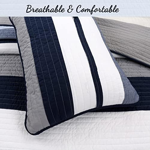 Cozy Line Tranquil Blue Gray Striped Reversible Quilt Bedding Set Queen - 3 Piece