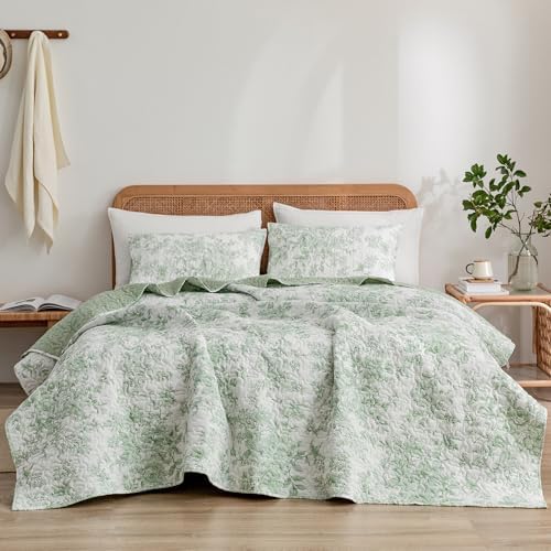 Wonderful Sage Green Floral Reversible Quilt Set Queen Size