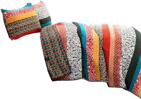 Boho Stripe Reversible Cotton Quilt Set King Turquoise Tangerine
