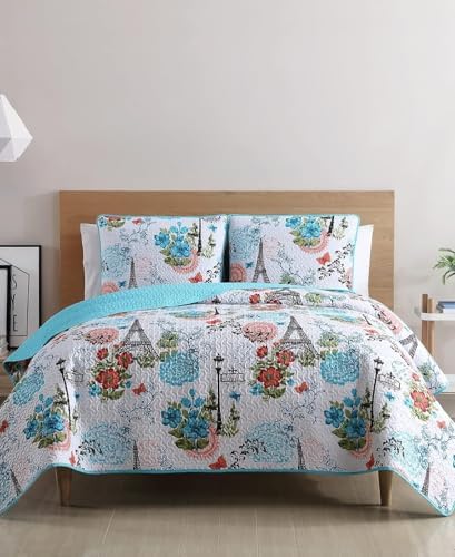 VCNY Home 3-Piece Quilt Set Reversible Eiffel Blue Full Queen