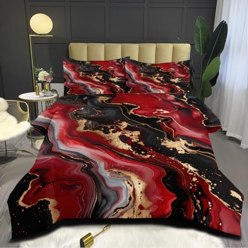 Red Black Marble Comforter Set King Size