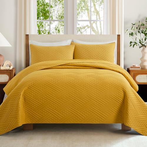 Safonory King Size Quilt Set - Mustard Yellow Striped