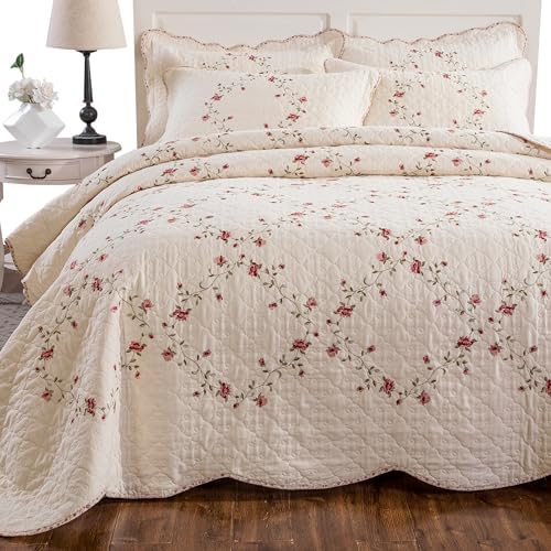 ROOMLIFE 3D Floral Embroidery Quilt Set 3-Piece King Size