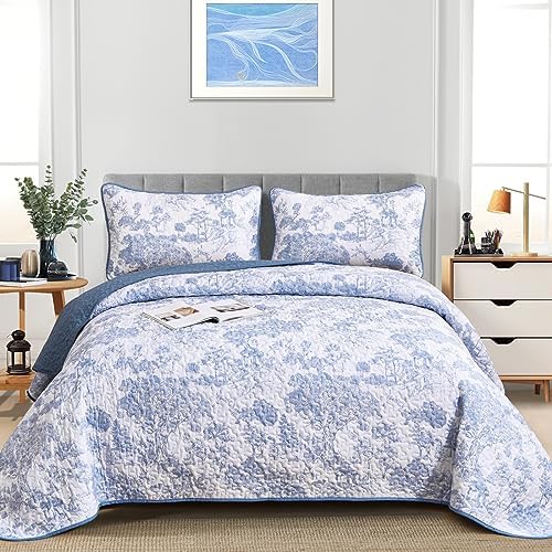 WONGS BEDDING King Size Blue Quilt Set 3 pcs