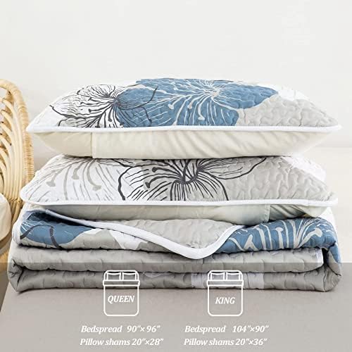 DJY 3 Piece King Quilt Set with Blue Floral Pattern