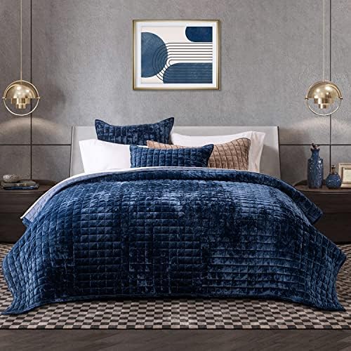 RECYCO Luxury Velvet Quilt Set King Size Navy Blue 1