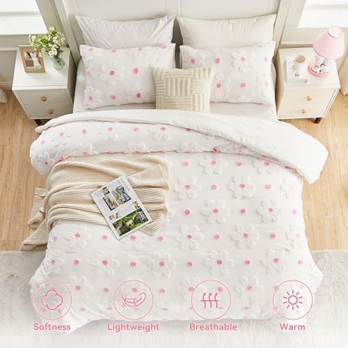 VIVILINEN Pink Floral Comforter Set for Girls 3-Piece