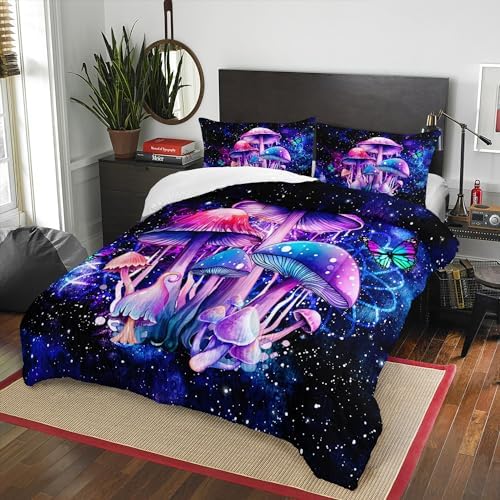 Fantasy Mushrooms Comforter Set Full - 3 Pieces Violet Down Alternative Quilt Bedding