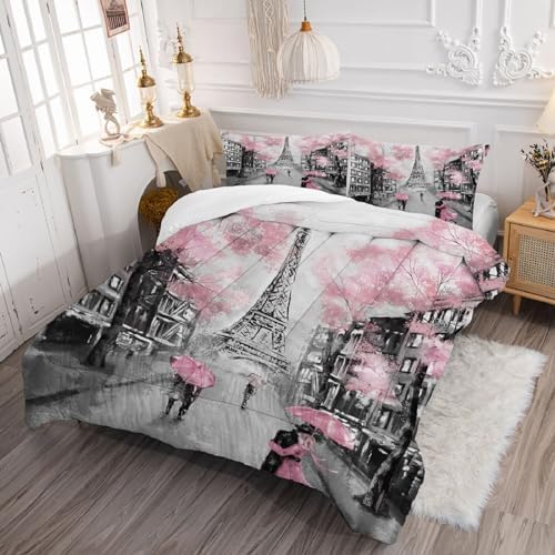 Pink Paris Eiffel Tower Comforter Set for Girls Women Kids
