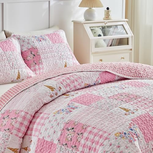 Joyreap Twin Quilt Set for Girls Pink Butterflies Flowers Design