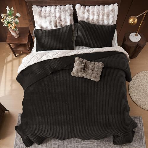SHALALA Velvet Quilt King Size Set Dark Brown 3-Piece