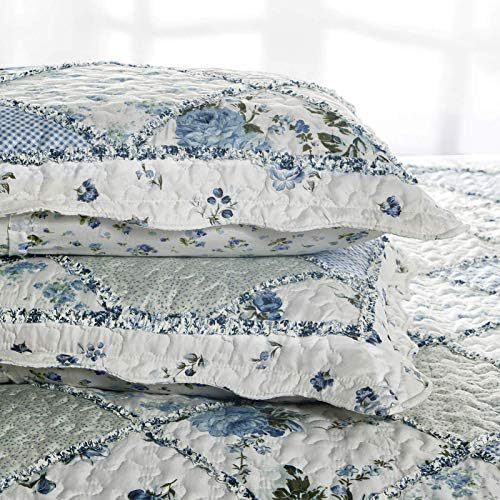 VIVILINEN Blue Floral Patchwork Quilt Set 3 Piece