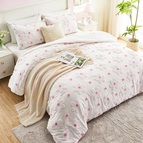 VIVILINEN Pink Floral Comforter Set for Girls 3-Piece
