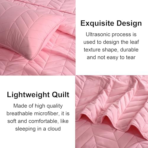 DOWNCOOL Pink Leaf Texture King Quilt Set 3PC