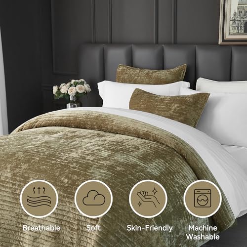 Weigelia Velvet Quilt Set Olive Green Striped Queen Size